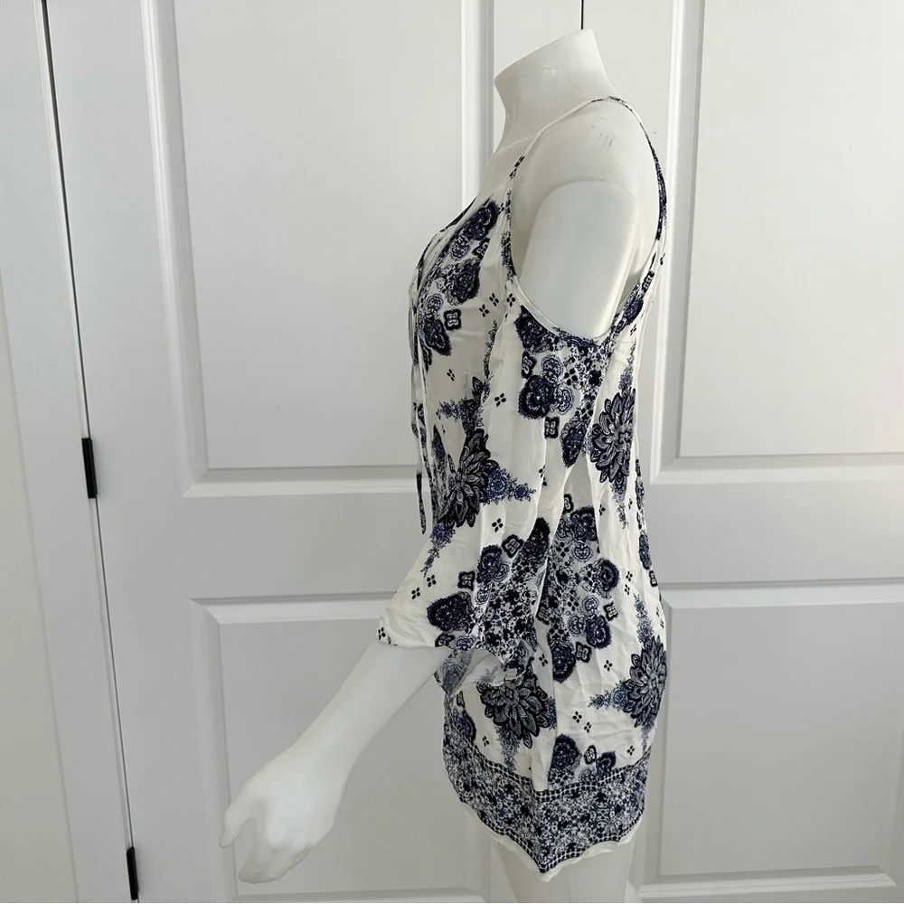 Blue & White Floral Paisley Print Boho Festival Cutout Dress - Picture 14 of 17